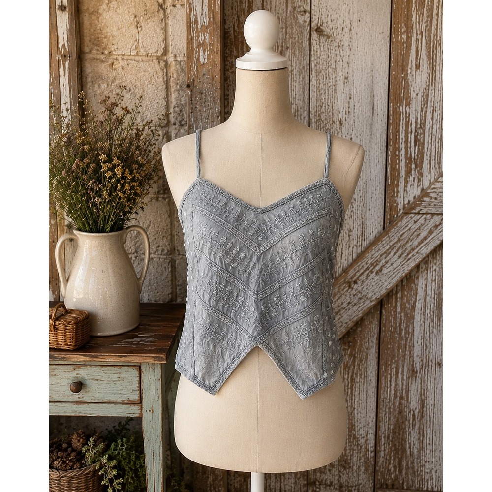 Boho Embroidered Gray Cami Top Free Size‎ Cottagecore Festival Fairycore Y2K